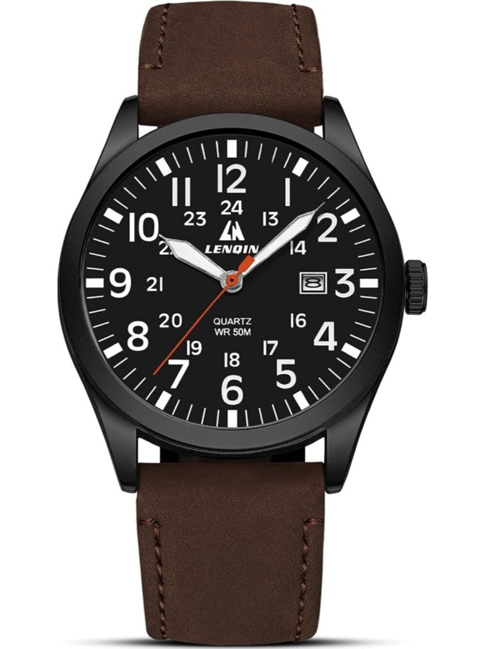 LN LENQIN Men's Brown Military Analog Quartz Waterproof Wrist Leather Band Watch